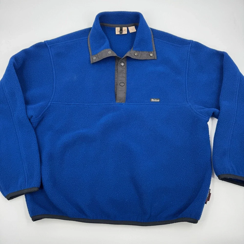 Woolrich Mens Fleece Pullover Jacket Blue Snap Collar Large Outdoor